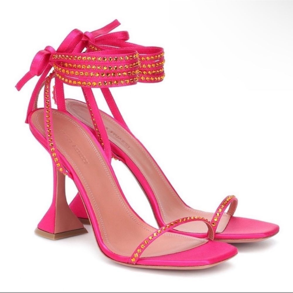 Amina Muaddi Crystal Vita Satin Lace Up Sandals in Deep Pink Size 38.5 / 8.5